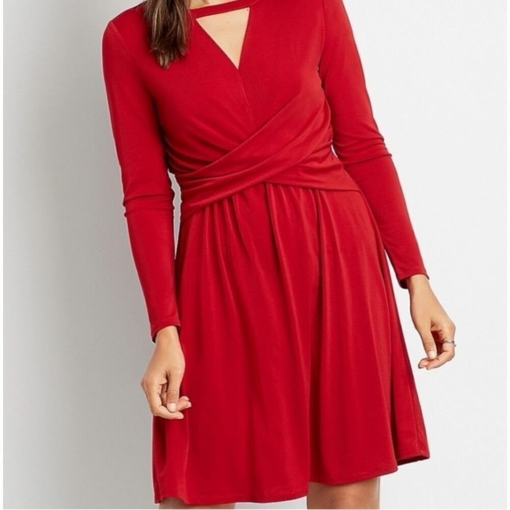 Red Mini Dress Long Sleeve Stretchy Holiday Twist Waist Cut Out NWT